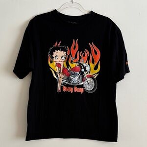 Betty Boop - Black Tee with Motorcycle & Flames